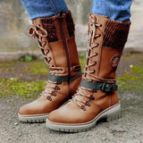 Mujer Women's Winter Side-pull Lace-up Knitted Mid-tube Boots Low-heeled Round-toe Boots High-quality Winter Warm Boots