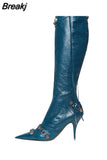 Women High Heels Boots Woman Pointed Toe Stilettos Heels Knee High Boots Sexy Ladies Rivet Retro Pumps 2023 New Botas