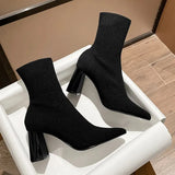 Socks Heels Winter Shoes For Women Boots-Women Stockings 2024 Autumn Rubber Pointy High Heel Ankle Ladies Lace-Up
