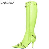 New Metal Rivet Women High Knee Boots Pointed Toe Thin Heels Designer Shoes Party Tassels Zipper-Sid Long Botas De