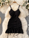 New Sexy V-neck Spaghetti Strap Sleeveless Mini Bodycon Dress Summer Women Slim Waist Drawstring Ruched Ruffles Party