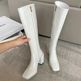 Blue Ladies Boots Winter Knee High Shaft Shoes for Women Square Toe Long Spring Autumn Fashion 2023 Work Trend Gyaru