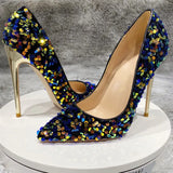Blue Bling Sequins Women Sexy Extremely High Heels Pointed Toe Slip On Stiletto Chic Pumps Ladies Party Wedding