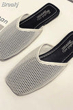 Women Slippers Fashion Mesh Flat Bottom Square Toe Flip Flops Hollow Casual Simple Solid Sandals Plus Size Slides
