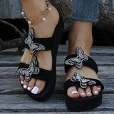 Crystal Butterfly Wedges Heel Slippers Women 2023 Plus Size Thick Sole Sandals Woman Non Slip Platform Flip Flops