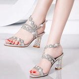 New High-Heeled Women's Sandals Leather Fashion Sexy Assorted Crystal Thick-Heeled Open-Toed Water Drill