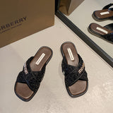 Women Shoes Summer New Vintage Woven Roman Sandals Fashion Open-Toe Sandals Female Slip-on Flats Beach Shoes Ladies