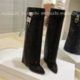Rhinestone Women's High Boots High Heels Wedges Shoes Large Size Fashion Ladies Party Lock Metal Buckle Western Boots