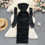 Sexy Women Strapless Backless Bodycon Dress Women Fashion Solid Slim Tight Fit Ruched Midi Party Dress with