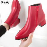 ANKLE BOOTS Fashion Casual Genuine Leather Low High Heels Thick Shoes PU Autumn Pointed Toe Rubber Female Winter Black