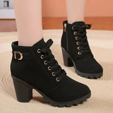 Black Chunky Heeled Women's Ankle Boots 2023 Autumn Metal Decor High Heels Shoes Woman Lace Up Platform Booties Big