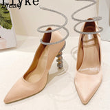2023 New Fashion Crystal Ankle Strap Women Pumps Purple Silk Pointed Toe Rhinestone High Heels Party Banquet Stiletto