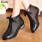 2023 Spring Summer New Bow Genuine Leather Women Boots Hollow Mesh Ankle Boots Comfortable Low Heels Fashion