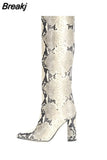 Women's Knee High Boots Tall Canister Sexy Women Boots Pointed Toe Chunky Heel Crocodile Print Women Boots High-heeled
