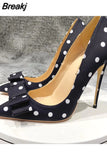 design black pumps white dot 12cm thin high heels spring summer pointed toe slip on plus 45 lady 10cm 8cm BM024