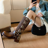 Combat Boots Zip Chuny Heel Buckle Vintage Fashion Casual Luxury Designer Western Mid Calf Boots Shoes
