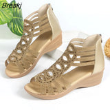 Women's Sandals Fashion Retro Open Toe Wedge Sandals PU Zipper Leisure Platform Female Shoes Ladies Sandals Low