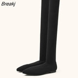 Slim Leg Thigh High Sock Boots Women Cozy Gray Stretch Fabric Pointed Toe Flat Heels Over The Knee Slip On Shoes