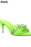 New Dropship 2023 Summer Sexy Women Mules Pump Sandals 7cm Thin High Heeled Big Size 43 Open Sole Moto Biker Rivets