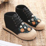 Daisy Embroidered Women Linen Cotton High Top Lace Up Espadrilles Sneakers Ladies Comfortable Casual Flat Booties