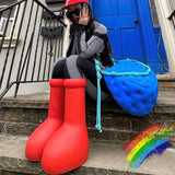 Red Knee High Boots Round Toe Balloon-Like Slip on Women'S Casual Boots 2023 New Design Solid Party Runway Shoes
