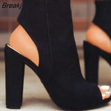 Boots Faux Suede Leather Casual Open Peep Toe High Heels Zipper Fashion Square Rubber Black Shoes For Women Plus Size