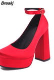 Pumps Round Toe Chunky Block Heel Ankle Strap With Heart 2023 Spring Brand New High Heels Mary Janes Women