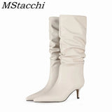Women Mid-Calf Boots Sexy Solid Color Leather Folds Boots Pointed Toe Thin Heels Stiletto Party Shoes Large Size