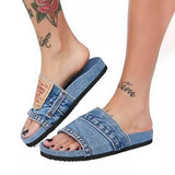 2023 Summer Outdoor Cowboy Ladies Sandal Beach Plain Colour Casual Flat-Heeled Fashion Jean Denim Letters Thick