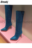 Women High Heels Shoes Crystal Rhinestone Pointed Toe Demonia Boots Stiletto Women's Knee High Boots Sexy Slip-On Botas De