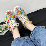 Women Canvas Shoes 2023 Rainbow Design Canvas Shoes Women Lace Up Casual Shoes Ladies Graffiti Flat Shoes Zapatos
