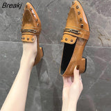 shoe female autumn new style lady pointed thick heel rivet women's shoes British style patent leather small
