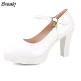 heels platform pumps mujer 2023 spring new fashion buckle solid black shoes woman PU leather waterproof shoes
