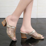 Women's New Summer Fashion Cool Slippers 2023 Sequin Rhinestone Outer Wear Women's Thick Heel Soft Leather Large Size43