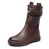 Breakj Layer Kraft Mid-Sleet Boots Women Autumn And Winter New Flat Bottom Comfortable Side Zipper Martin Boots Retro Style Horse