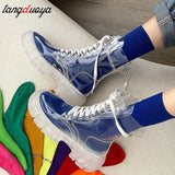 Women Rain Boots Mature Ladies Lace-up Waterproof Ladies Shoes Transparent Candy Color Soles Outdoor Girl