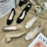 Tie Shallow Mouth Single Shoes Women's Thick Heels 2024 Spring And Autumn New Style Square Head Middle Heel Grandma Shoes High Heel Work