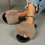 Autumn Winter Faux Fur Slippers Women Home Non Slip Fluffy Flat Slides Woman Outdoor Soft Sole Plush Sandals