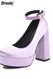 Pumps Round Toe Chunky Block Heel Ankle Strap With Heart 2023 Spring Brand New High Heels Mary Janes Women