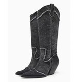 New Style Denim Boots For Women's High Boots Crystal Fringe Chunky Heels Luxury Shoes Retro Ladies Slip-on Chelsea