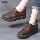 Sneakers Women Genuine Cow Leather Flats Round Toe Lace-Up Spring Autumn Lady Casual Flat Shoes Handmade Women