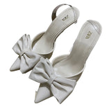 Breakj Home 2025 New White Bow French-Style Dew Behind Triptling Pointed High Heels Fashion Bag Head Sandals