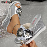 Wedges Sandals Women Sexy Shining silvery Slope heel slippers Women's Fashion Classic Outdoor Fish Mouth Slippers