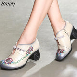 Women Embroidery Pumps Grey Lady 6CM High Heels Shoes Handmade Women Genuine Leather Pumps Autumn