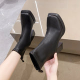 Women Ankle Boots Platform Square High Heel Ladies Short Boots Patent PU Leather Round Toe Women's Boots