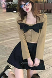 Autumn 2 Piece Dress Set Woman Bow Long Sleeve Short Cardgian + Pure Color Casual Mini Skirt Elegant Korean Suit