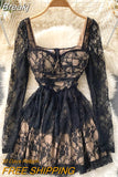 Black Lace Dress Women Sexy Hollow Out Mini Party Dress Square Collar Full Sleeve Slim Waist A-line Clubwear Robe