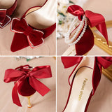 Ankle Strap Pumps Women Luxury Bowknot Red Dance Shoes Woman Sexy Pointed Toe Velvet Stiletto High Heels Sapatos