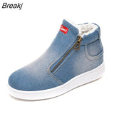 Winter Plush Sneakers Canvas Shoes Women Thick Fur Warm Cotton Shoes Slip on Furry Sneaker Woman Denim Casual