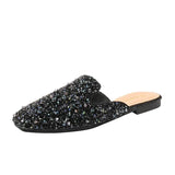 Shoes Mules For Women 2024 Ladies' Slippers Rivet Cover Toe Butterfly-Knot Low Square heel Loafers Flock New Pointed